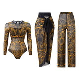 S - XXL 3PCS New Printed Long Sleeve With Pants Sarong Women Swimwear One Piece Swimsuit Female Bather Bathing Suit Swim K7180