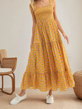 Women Summer Bohemian Floral Print Sundress Smocked Square Neck Sleeveless Backless A-line Long Tiered Ruffle Dress with Pockets