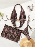 DEKA Sexy Swimsuit Zebra Stripes 3 Pieces Bikini Set Summer Beach Wear Hollow Out Bikinis With Beach Skirt Swimwear Cover-up