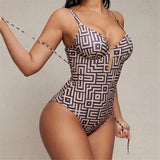 S - XL Printed Underwired V Neck Women Swimwear One Piece Swimsuit Female Lace Up High Leg Cut Bather Bathing Suit Swim V7552