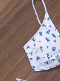 Sexy blue floral print front knot bikinis sets two pieces thong swimsuit Swimwear bathing suit beach outfits biquini tankini