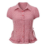 Women Plaid Shirts Button Down Puff Short Sleeve Lapel Neck Tops Fashion Slim Fit Ruffle Trim Blouses Summer