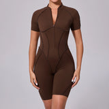 Summer Zipper Workout Jumpsuit Sports Overalls Women Running Fitness Short Sleeve Yoga Bodysuit