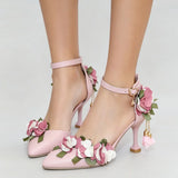 Small Big Size 32-46 Women's Elegant Pink Flowers High Heels Sandals Summer Sexy Pointy Toe Party White Wedding Sandals Shoes