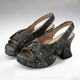 Brand New Women's Y2K Star Rivet Platform Sandals 2000's Peep Toe Slingback Chunky Heel Distressed Denim High Heeled Shoes
