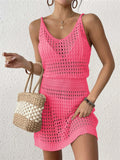 S - XL V Neck Hollow Out Crochet Knitted Tunic Beach Cover Up Cover-ups Beach Dress Mini Beach Wear Beachwear Female Women V7048