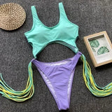 Splicing High Cut Out One Piece Swimsuit Women Tassel Swimwear Female Sexy Bathing Suit String Leopard Bikini 2025 Monokini Lady