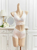 Women's Sheer White Floral Lace Sexy Lingerie Set Eyelash Lace Patchwork Wireless Bra Camisole Breathable Women's Underwear Bra