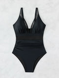 Sexy Black One Piece Swimsuit 2026 Women Mesh Patchwork Transparent Tummy Control Swimwear Bathing Suit See Through Monokini
