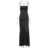 FDYOUI Women's Bandage Long Maxi Satin Dress Black 2026 Sexy Spaghetti Strap Slash Neck Backless Lace-up Party Evening Dresses