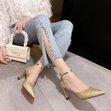 ZOKI Bling Gold Silver Women's Pumps 2024 Sexy Point Toe Thin Heel Party Wedding Shoes Woman Summer Ankle Strap High Heels Shoes
