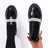 Fashion Pearls Decor Platform Loafers Women College Style Thick Heels Pu Leather Shoes Woman Plus Size 43 Student Shoes Female