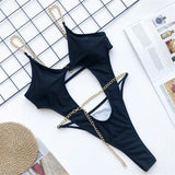 2026 Sexy Golden Chain String High Cut Leg One Piece Swimsuit Women Swimwear Female Bather Tummy Cut Out Bathing Suit Swim V1667