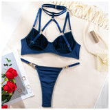Toucheart 2-Piece Set Sexy Lingerie Women See-Through Halter Neck Comfortable Garter Socks Solid Color Hollow Out Underwear Set