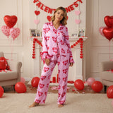 Women 2025 Heart Print Pajama Set Long Sleeve Button-up Tops and Pants 2 Piece Valentines Day Sleepwear Outfit