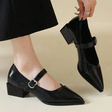 Mid-length Single Shoes Spring and Summer New Fashion Belt Buckle Pointed Toe Comfortable Shallow Toe Leather Shoes