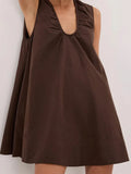 Women Summer Solid Color V Neck Loose Tank Dress Sleeveless Beach Mini Dresses with Pocket