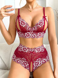 2-piece Women Contrast Blue Comfortable Underwear Lace Semi Transparent Lingerie Set Open Chest Bra And Crotchless Panties Sets