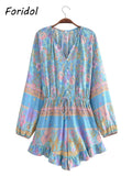 Long Sleeve Spring Summer Short Jumpsuit Women Printed Bohemian Wide Leg Playsuit Female Romper Ruffles Rayon Boho Overalls 2025
