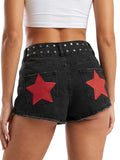 Summer Women Denim Shorts with Stars Patch Pockets Riveted Waisted Slim Fit Jeans Shorts Daily Casual Hot Short Pants Streetwear