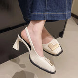 2026 Summer New Metal Square Buckle Baotou Thick Heel Sandals Women Korean Shallow Mouth Slip-On Back Strap Sandalias De Mujer
