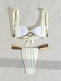 Sexy Front Tie Bikini 2025 Women Beige Patchwork Pleate Push Up Micro Swimsuit Brazilian Gradient Bathing Suit Thong Swimwear