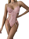 New Pink Sequin Hollow Out Bodysuits Elegant Backless Deep V Suspenders Sleeveless Bodysuits For Women Transparent Charming ZHAN