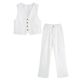 Foridol White Cotton Linen Long Pants Set Sleeveless Vest Pants Suit Office Lay Autumn Summer Wide Leg Casual Fashion Set Outfit