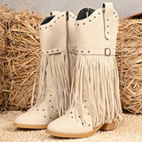 Street Style Rivet Tassel Boots Women 2025 New Beige Plus Size 36-43 Mid-Calf Boots for Woman Pointed Toe Zipper Up Botas Female