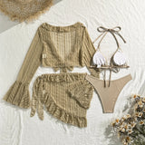 DEKA 4Pcs/Set Mesh Sheath Bikini Set Female Mini Camis Briefs Short Skirt Swimwear Fashion Drawstring Long Sleeve Boho Swimsuit