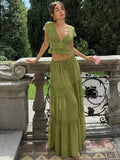 FDYOUI Sexy V-neck Lace Patchwork T-shirt Tops+Long Skirt 2 Piece Set Women's Summer Green Holiday Party Dress Suit Streetwear