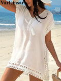 New V Neck Short Sleeve Solid Crochet Knitted Tunic Beach Cover Up Cover-ups Beach Dress Beach Wear Beachwear Female Women V7914