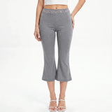 Womens Summer Cropped Pants Mid Rise Flare Trousers Stylish Casual Leg Pants with Silver Eyelet Capris