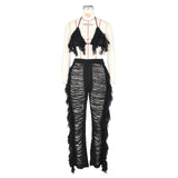 DEKAWomen Tassel Pants Knitted Bra Top Bikini Set Swimsuit Handemade Crochet Bikini Cover Up Tassel Beach Long Wrap Pant