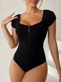 2026 Short Sleeve Swimsuit Women One Piece Solid Swimwear Female Zipper Bathers Bathing Swimming Suit Summer Beachwear Bodysuit