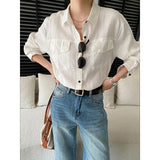Women White Linen Blend Button Down Shirt Turn Down Collar Chest Pocket Loose Fit Blouse For Summer And Vacation Outfit KY7U