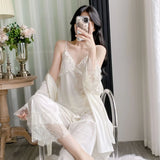 Gold velvet three-piece pajamas set, autumn and winter lace nightgown, sexy home wear with chest pad