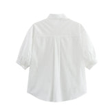 Women's Fashion Casual White Short Sleeve Shirt White Cotton Button Shirt Lapel Collar Half Sleeve Loose Fit Casual Blouse 8GDK
