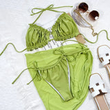 2026 Sexy Three-piece Bikini Set Women Pleated Hollow Halter Solid Swimwear Swimsuit Bikinis Set Bathing Suit Beach Mesh Cover
