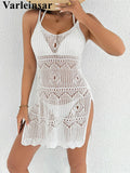 Crochet Knitted Hollow Out Halter Mini Dress Tunic Beach Cover Up Cover-ups Beach Dress Beach Wear Beachwear Female Women V8210