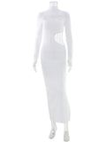 Ahagaga Sexy Dresses For Women Solid Turtleneck Regular Long Sleeves Hollow Out Sheath Basci Slim Fit Female Vestidos Party