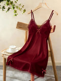Women Satin Nightdress Lace Trim Slip Dress Spaghetti Strap Silky Nightgown Elegant Sleepwear Home Lingerie