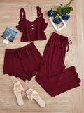 3PCS Pajamas Set for Women Sleepwear Solid Vest Shorts and Pants Paired with Lace Splicing for Homewear Loungewear