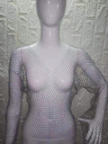 Women Rhinestone Fishnet T-shirt Solid Color Long Sleeve Crop Tops See Through Hollow Out Sexy Shirts Female Smock Tops