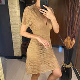 S - XL Short Sleeve V Neck Crochet Knitted Tunic Beach Cover Up Cover-ups Beach Dress Beach Wear Beachwear Female Women V5314