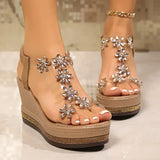 Rhinestone Flowers Wedges Sandals Women 2026 Luxury Crystals Chunky Platform Sandles Woman Clear Pvc Super High Heel Party Shoes