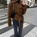 Phantasy Fashion Vintage Belt-Down Jacket Autumn Winter V-Neck Commuter Brown Suit Casual Style High-End Women's Clothing 2025