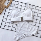 4 Colors Bikini Women Solid High Waist Swimwear Swimsuit Buckle Design Female Beach Bikinis Set Bathing Suit Bikini Taille Haute