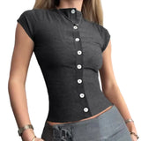 Women's Summer Casual Slim Fit Basic Tops Short Sleeve Round Neck Solid Color Button Up T-shirts