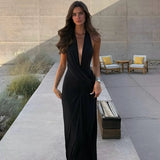 FDYOUI 2026 Summer Deep V-neck Hollow Out Long Maxi Evening Dress Women Chic Backless High Slit Ruched Solid Party Club Dresses